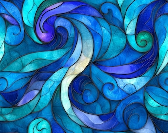 Stained Glass Waves! 100% Cotton Fabric NEW Blue Ocean Sea Design: Metres/Fat/Long/Quarters Quilting Patchwork Crafting Sewing Dressmaking