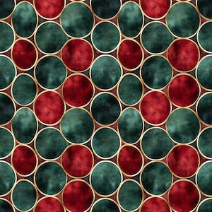 Może przedstawiać: Wzór bez szwów z nakładającymi się na siebie kołami w odcieniach ciemnej zieleni i czerwieni. Koła mają złotą obwódkę, tworząc geometryczny wzór.