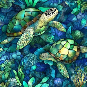 Stained Glass Sea Turtles! 100% Cotton Fabric! NEW Wildlife Ocean Design Metres/Fat/Long/Quarters Quilting Patchwork Craft Sew Dressmaking