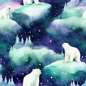 Puede incluir: Ilustración en acuarela de osos polares sobre témpanos de hielo bajo un cielo nocturno estrellado. La obra presenta un patrón repetitivo de osos polares blancos, árboles de hoja perenne y un fondo de tonos turquesa, morado y azul. El tema general es un país de las maravillas invernal.