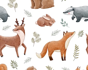 Forest Friends 100% Cotton Fabric NEW Animal Woodland Design Metres/Fat/Long/Quarters Quilting Patchwork Crafting Sewing Bears Foxes Rabbits