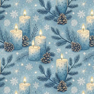 Op de afbeelding: Waterverfillustratie van een naadloos patroon met brandende kaarsen, dennenappels, sneeuwvlokken en dennentakken. De kaarsen hebben een blauw-witte kleurovergang. De achtergrond is lichtblauw.
