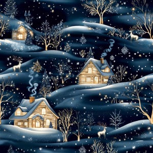 May include: A digital illustration of a winter landscape with snow-covered hills, cabins, and deer. The scene is set at night with a dark blue sky filled with stars and snowflakes. The cabins have lit windows and smoke rising from their chimneys.