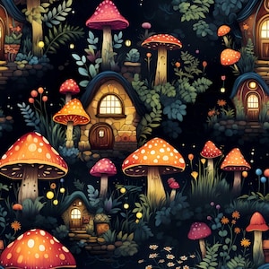 Pode incluir: Ilustração de padrão repetitivo de casas de cogumelos e cogumelos coloridos. Os cogumelos têm chapéus vermelhos, laranja e rosa com manchas brancas. As casas têm janelas arqueadas e paredes de pedra sobre um fundo escuro.