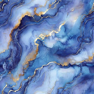 May include: Abstract digital art with a marbled effect in shades of blue and gold. The design features flowing lines of blue with gold veins running through it, creating a fluid and textured appearance.