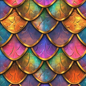 Könnte beinhalten: Ein nahtloses Muster mit sich überlappenden, schuppenartigen Formen in einer Vielzahl von Farben, darunter Gold, Orange, Blau, Lila und Grün. Jede Schuppe hat ein strukturiertes Aussehen und ist mit einem goldenen Rand umrandet, wodurch ein lebendiges Design entsteht.