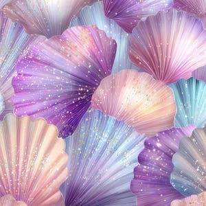 May include: An abstract design of overlapping seashell shapes in shades of purple, pink, and blue. The image has a watercolour effect with glitter accents, creating a shimmering, iridescent appearance. The overall theme is aquatic and decorative.