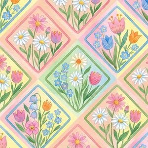 May include: A repeating watercolour floral pattern. The design features daisies, tulips, and other flowers in diamond shapes. The flowers are in shades of pink, yellow, blue, and white, with green stems and leaves. The background is a soft peach colour.