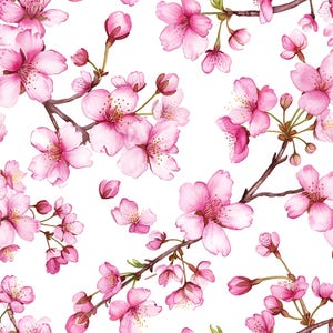 Puede incluir: Patrón sin costuras con ilustraciones de acuarela de flores de cerezo rosas y capullos sobre ramas marrones sobre un fondo blanco. Las flores tienen pétalos delicados y centros amarillos, creando un diseño floral.