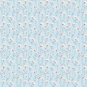 Könnte beinhalten: Ein nahtloses Muster mit zarten weißen Blüten mit rosafarbenen Zentren auf hellblauem Hintergrund. Die Blüten sind in vertikalen Reihen angeordnet und erzeugen ein subtiles und elegantes Design.