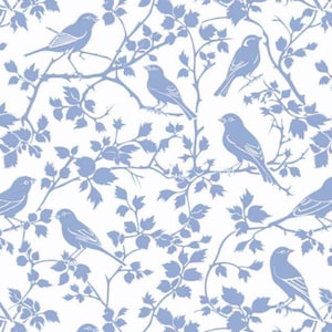 May include: A repeating pattern of blue birds and foliage on a white background. The design features birds perched on branches with leaves, creating a seamless repeat suitable for fabric or wallpaper.