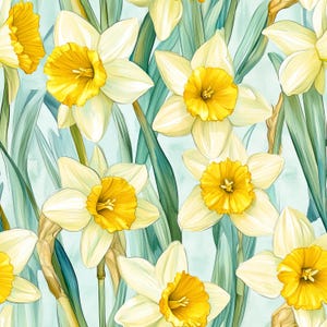 May include: A watercolour illustration of daffodils. The image shows a repeating pattern of white and yellow daffodils with green leaves and stems against a light blue background. The flowers have a trumpet-shaped yellow centre and white petals.