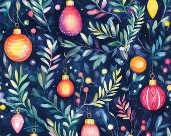 May include: Watercolor illustration of a seamless Christmas ornament pattern. The design features various colorful ornaments in shades of orange, pink, and red, suspended among green and blue foliage. The background is a deep navy blue.