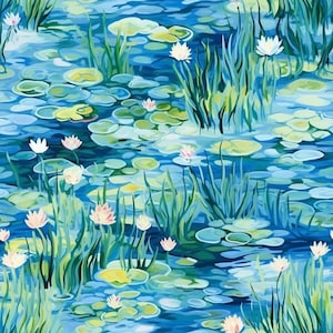 Flowering Water Lilies! 100% Cotton Fabric NEW Monet Inspired Design Metres/Fat/Long/Quarters Quilting Patchwork Sewing Dressmaking Lily Pad