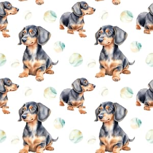 May include: A seamless pattern featuring watercolour illustrations of dachshund dogs and tennis balls. The dogs are black and tan with brown eyes and are sitting in various poses. The tennis balls are green and white.