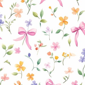 May include: A watercolour floral pattern with pink, orange, yellow, and purple flowers, green leaves, and pink bows on a white background. The design is delicate and airy, with a soft, painterly quality.