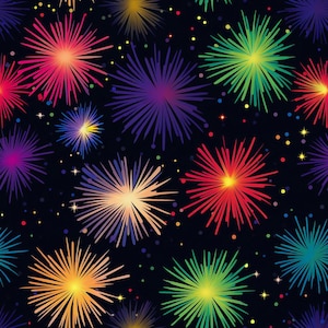 May include: A seamless pattern featuring colorful fireworks bursts in shades of red, orange, yellow, green, blue, and purple against a black background. Small dots and stars are scattered throughout the design, creating a festive and celebratory feel.