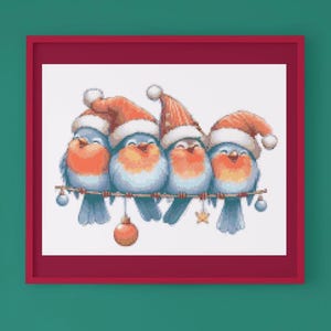 ¡Los chirridos navideños! Patrón de punto de cruz festivo de petirrojos adorables en PDF. Símbolos, colores y mezclas. Incluye lista completa de hilos. Dibujos animados divertidos.