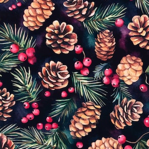 May include: Watercolor pattern featuring brown pine cones, green pine needles, and red berries on a dark background. The design has a festive, holiday theme, perfect for seasonal crafts and decor.