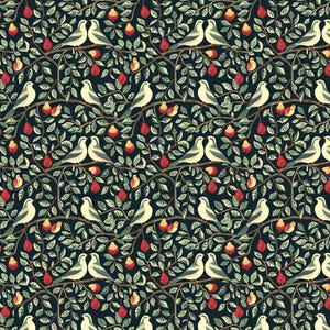 Könnte beinhalten: Ein sich wiederholendes Muster mit weißen Vögeln, roten Birnen und grünen Blättern auf einem dunkelblauen Hintergrund. Das Design zeigt Vögel auf Ästen, umgeben von Früchten und Blättern, im Stil einer Vintage-Illustration.