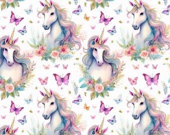 Licornes et papillons ! Tissu 100 % coton, nouveau design de jardin, fleurs florales, mètre/gras/long/quarts de pièce, patchwork, couture, été