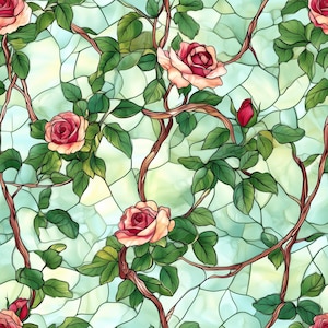 May include: A seamless pattern featuring pink roses, green leaves, and brown vines against a light blue and green background. The design resembles stained glass, with each element outlined in a dark color. The roses are in full bloom and bud form.