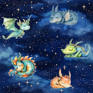 May include: Five colourful cartoon dragons sleeping on clouds in a starry night sky. The dragons are green, blue, orange, and teal.