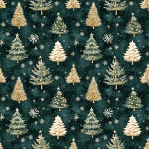 May include: A seamless pattern featuring watercolour illustrations of Christmas trees in various shades of green and gold on a dark teal background. The trees are decorated with gold baubles and snowflakes.
