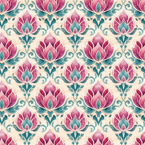 Könnte beinhalten: Aquarell-Blumenmuster mit sich wiederholenden rosa Lotusblüten mit türkisfarbenen Akzenten und wirbelnden Ranken auf cremefarbenem Hintergrund. Das Design hat eine Vintage- und künstlerische Ästhetik, geeignet für Stoff oder Tapeten.