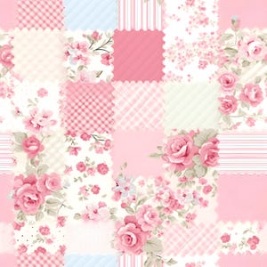 May include: A patchwork design with pink floral patterns, including roses, and textures like gingham and stripes. The squares are in shades of pink, white, and light blue, creating a vintage, feminine aesthetic.