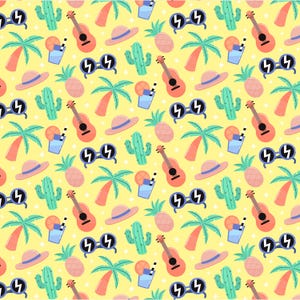 May include: A seamless pattern featuring a variety of summer-themed illustrations, including palm trees, cacti, pineapples, sunglasses, ukuleles, and cocktails. The background is a bright yellow color.