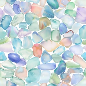 May include: A seamless pattern of watercolor painted stones in shades of blue, green, pink, and white. The stones are arranged in a random pattern and are all different shapes and sizes.