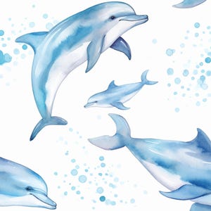 May include: Watercolor illustration of dolphins in shades of blue on a white background. The image features several dolphins in various poses, some leaping and others swimming, with scattered blue bubbles.