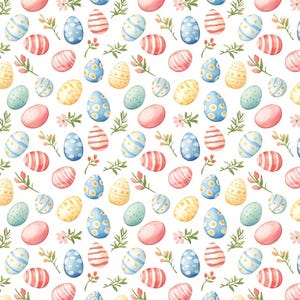 May include: A watercolour pattern of Easter eggs in shades of pink, blue, yellow, and green, decorated with stripes, dots, and floral elements. The eggs are set against a white backdrop, forming a cheerful and decorative design.