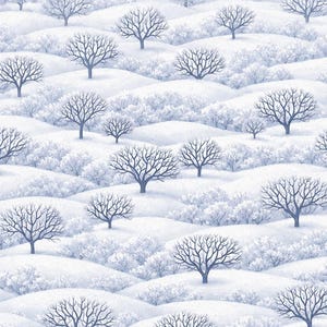 Peut inclure: Un motif répétitif représentant un paysage hivernal avec des collines enneigées blanches et de nombreux arbres nus gris foncé. La scène montre une vue continue et superposée d'un terrain couvert de neige avec des branches sans feuilles.
