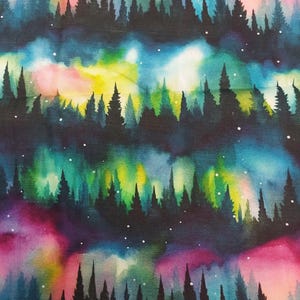 Aurora Borealis Trees 100% Cotton Fabric NEW Northern Light Metres/Fat/Long/Quarters Quilting Patchwork Crafting Sewing Night Sky Pole Stars