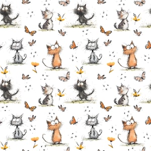 Può includere: Motivo ripetuto con gatti dei cartoni animati in vari colori, tra cui nero, grigio e arancione. Farfalle e fiori gialli sono sparsi sullo sfondo bianco. I gatti hanno occhi espressivi e pose stravaganti.