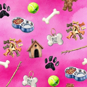 Zampe e gioco su rosa! Tessuto 100% cotone NUOVO Design carino con animali Metri/Largo/Lungo/Quarti Quilting Patchwork Artigianato Cucito Cani Animali domestici