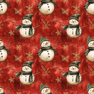 May include: A seamless pattern featuring watercolour illustrations of snowmen with black hats and scarves on a red background with gold snowflakes.
