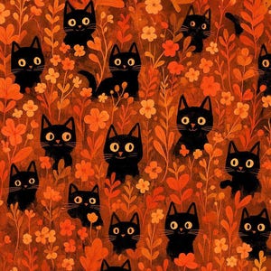 May include: A repeating pattern of black cat illustrations with yellow eyes, set amongst orange and yellow flowers and foliage. The background is a warm, reddish-brown colour, creating an autumnal design. The cats are in various poses, giving a playful feel.