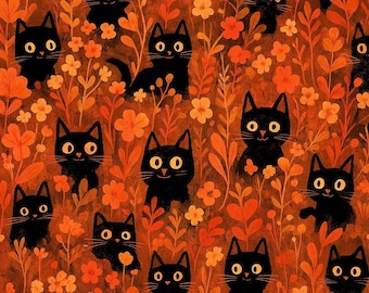 Autumn Black Cats 100% Cotton Fabric NEW Cat Kitten Funny Design Metres/Fat/Long/Quarters Quilting Patchwork Crafting Sewing Fall Orange Red