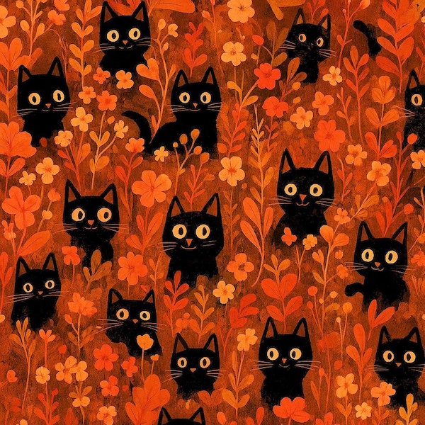 Autumn Black Cats 100% Cotton Fabric NEW Cat Kitten Funny Design Metres/Fat/Long/Quarters Quilting Patchwork Crafting Sewing Fall Orange Red