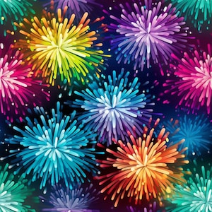 Può includere: Un vivace motivo senza cuciture con esplosioni di fuochi d'artificio colorati. Il design presenta una varietà di tonalità, tra cui rosa, blu, giallo e arancione, su uno sfondo scuro. I fuochi d'artificio hanno un aspetto stilizzato e artistico.