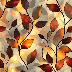 Puede incluir: Patrón abstracto con hojas estilizadas en tonos naranja, marrón y amarillo sobre un fondo crema. Las hojas están dispuestas sobre tallos de color marrón oscuro, creando un diseño repetitivo que recuerda al follaje otoñal.