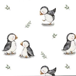 May include: Watercolor illustration featuring a pattern of adorable puffins in various poses. The puffins are primarily black, white, and gray, with orange beaks and feet. Sprigs of green foliage are scattered across the white background, creating a whimsical design.