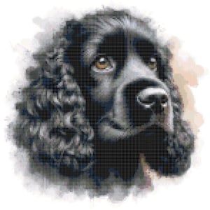 May include: A close-up portrait of a black Cocker Spaniel dog with brown eyes. The dog is looking up and to the right, with its mouth slightly open. The background is a soft watercolour wash of light blue and pink.