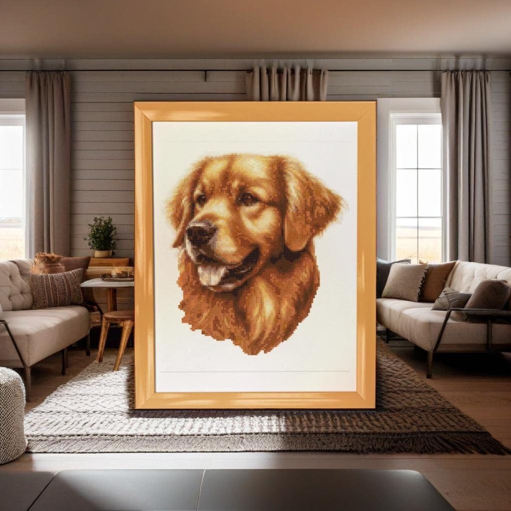 Golden Retriever: Dog Pup Cross Stitch Printed Paper Pattern Posted to You! Black & White Symbols with Full Thread List Guide Goldie Yellow