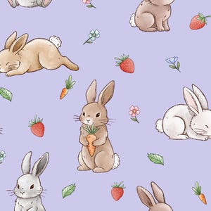May include: A repeating pattern featuring watercolour illustrations of rabbits, strawberries, carrots, flowers, and leaves on a lavender backdrop. The rabbits are depicted in shades of brown and white.