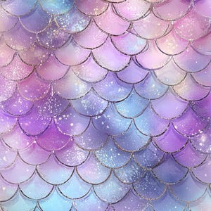 May include: Digital illustration of mermaid scales in purple, blue, and pink hues. The scales have a shimmering, glittery effect with silver outlines, creating a fantasy or aquatic theme.
