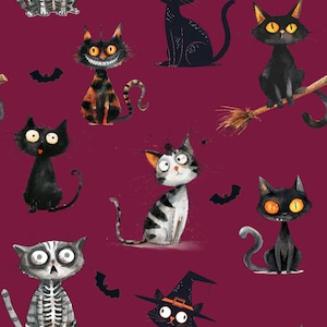 Puede incluir: Patrón repetitivo de gatos de dibujos animados caprichosos en varias poses y colores, incluyendo negro, naranja y gris. Algunos gatos llevan sombreros de bruja o montan escobas, con siluetas de murciélagos sobre un fondo burdeos oscuro.